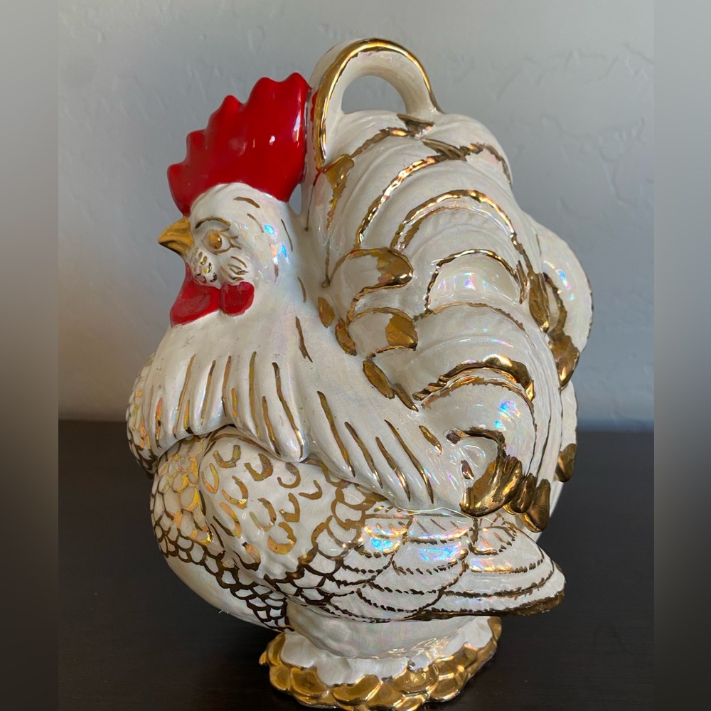VTG 1950s Glazed, Gold Gilded Porcelain Rooster Cookie Jar